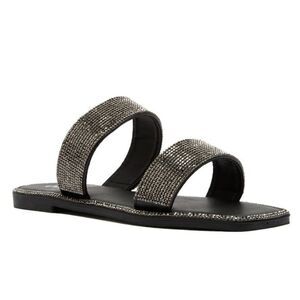 Qupid Double Strap Rhinestone Flat Sandal- Pewter